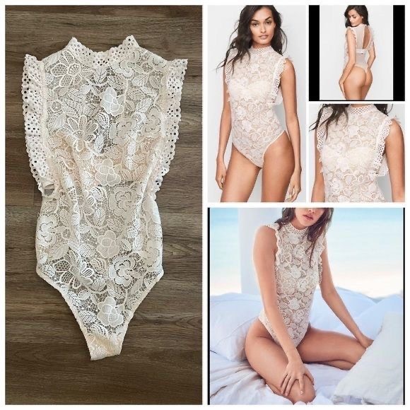 Victoria's Secret Tops - Victoria’s Secret Cream Lace Mesh Bodysuit Size Small Floral Ruffle Sleeveless